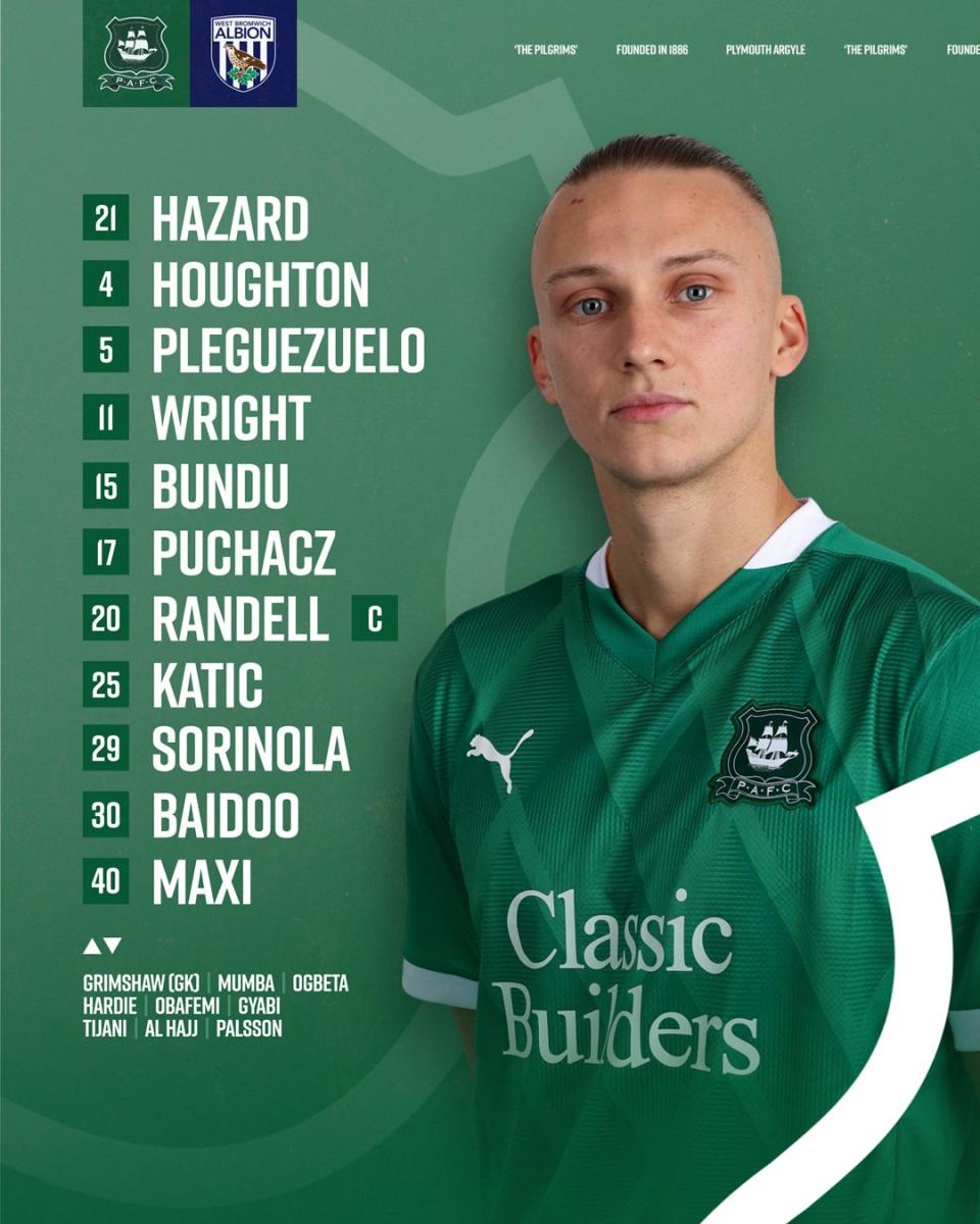 A graphic displaying Plymouth's starting XI against Albion