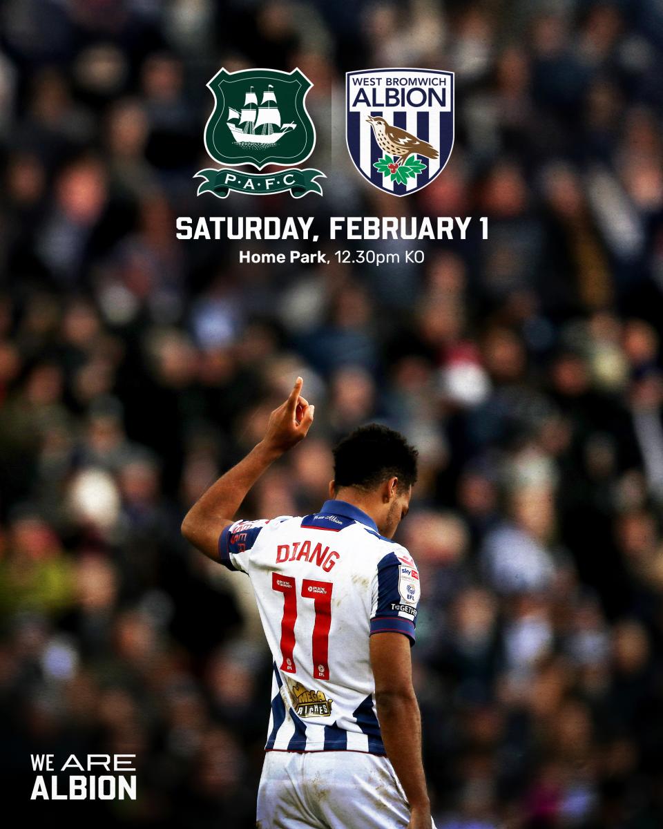 A matchday graphic for Albion's game against Plymouth, featuring Grady Diangana