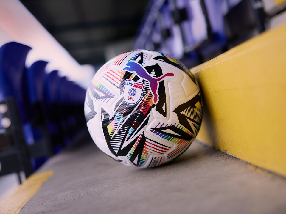 An image of the EFL rainbow ball in a stand