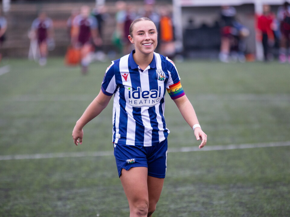An image of Seren Watkins celebrating Albion Women's win against Villa