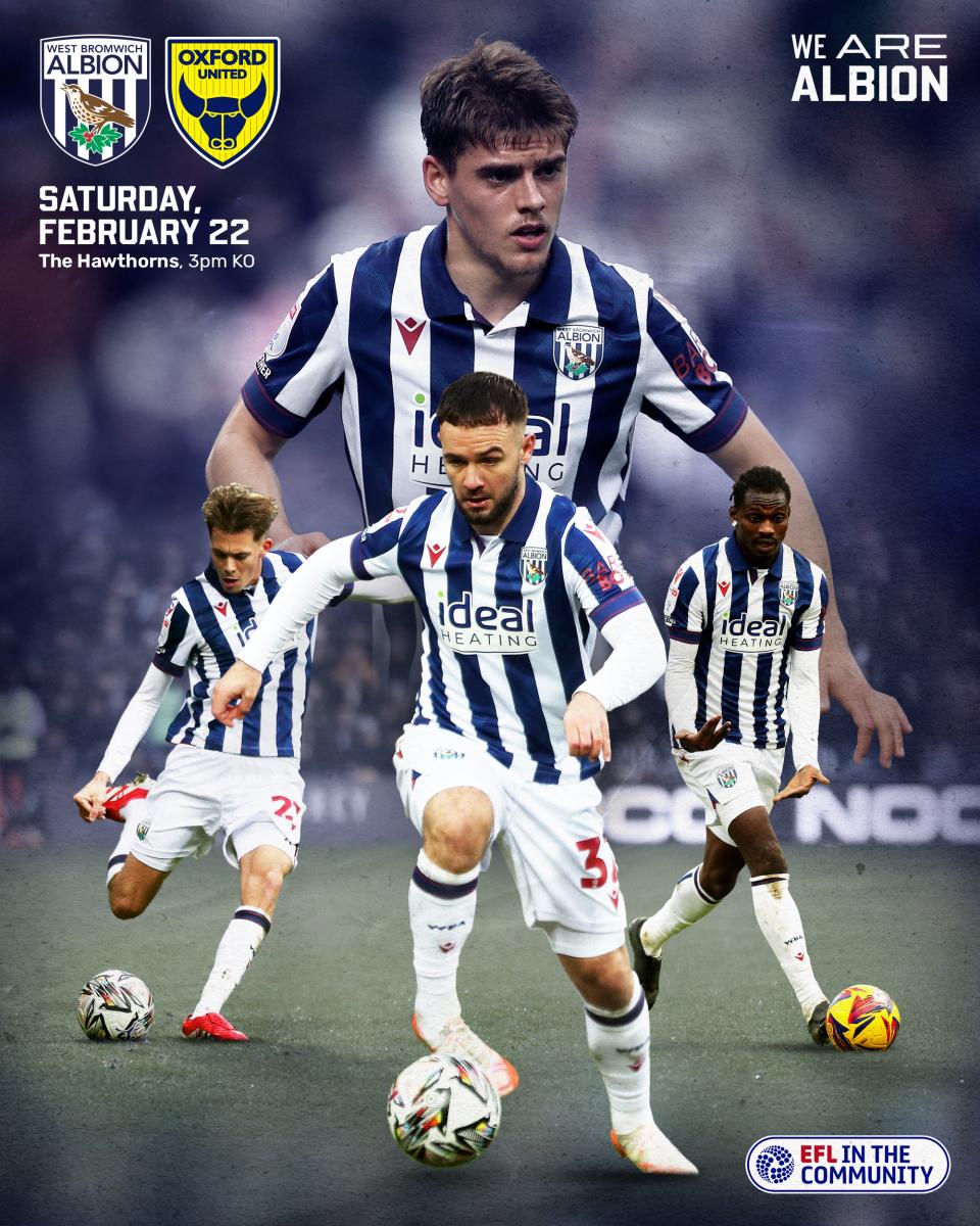 A matchday graphic for Albion's game against Oxford, featuring Tom Fellows, Adam Armstrong and others