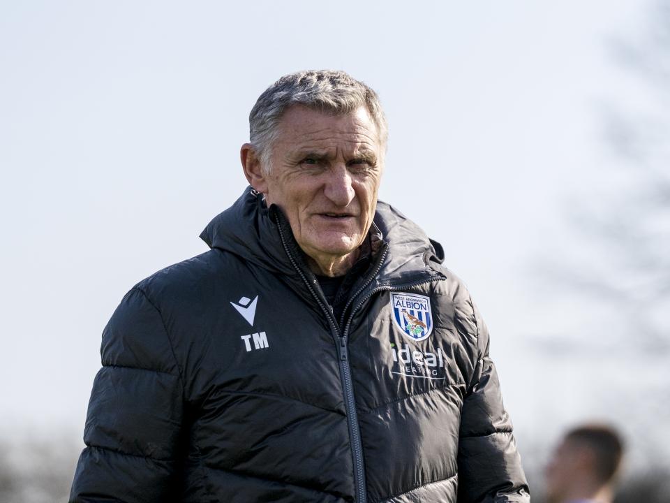 Tony Mowbray on the training pitch in a black WBA coat 