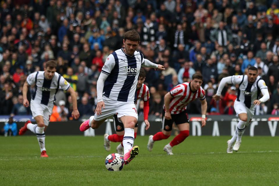 John Swift scores a penalty against Sunderland at The Hawthorns in April 2023
