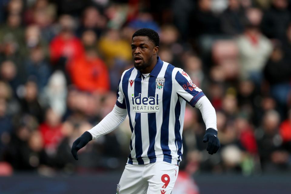 Josh Maja in action for Albion at The Hawthorns wearing a home shirt 