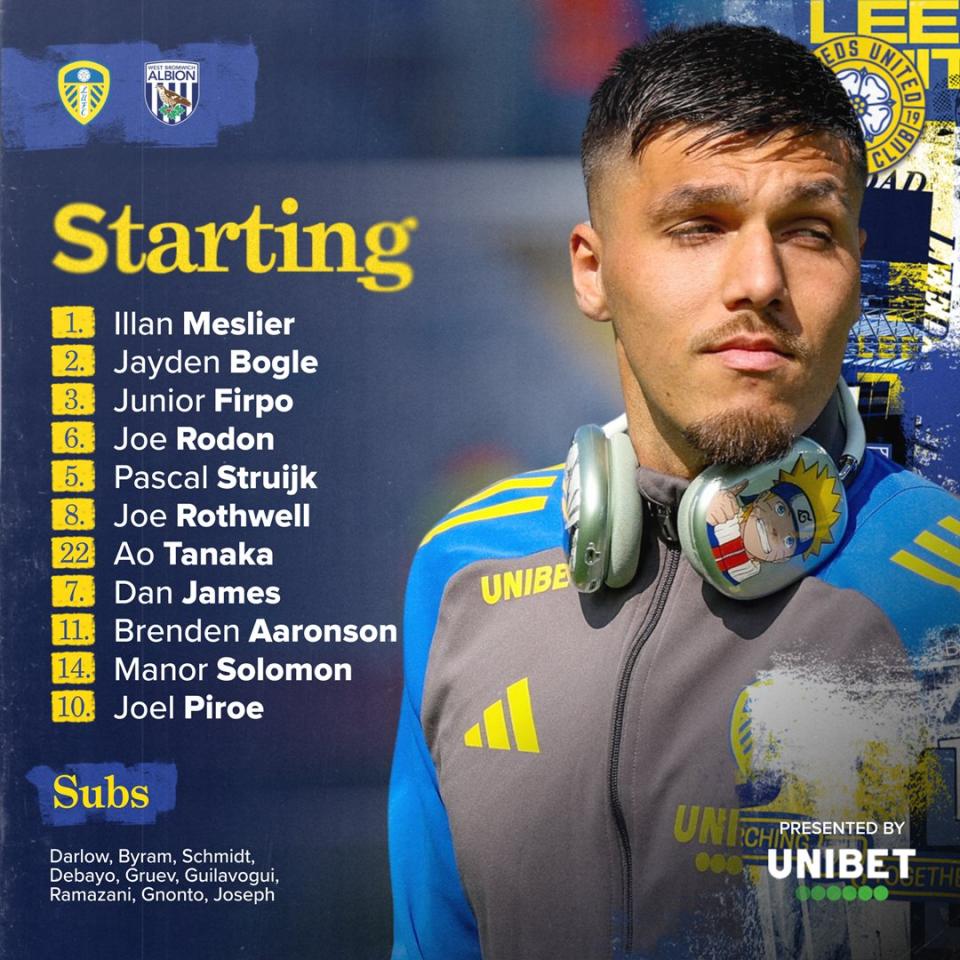 A graphic displaying Leeds' starting XI against Albion