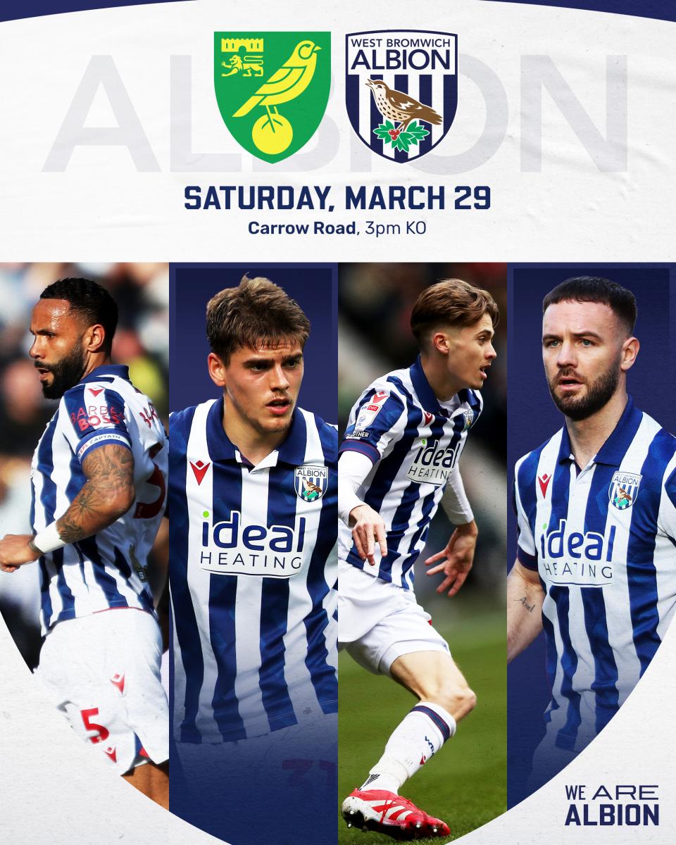 A matchday graphic for Albion's game against Norwich, featuring Kyle Bartley, Tom Fellows, Isaac Price and Adam Armstrong