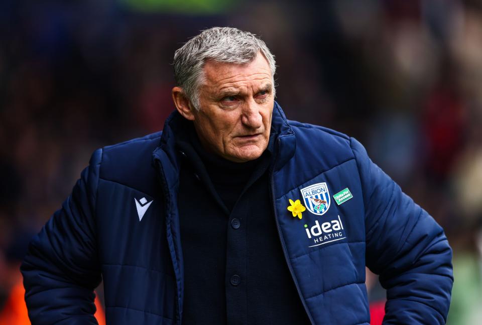 Tony Mowbray on the side of a pitch in a WBA coat 