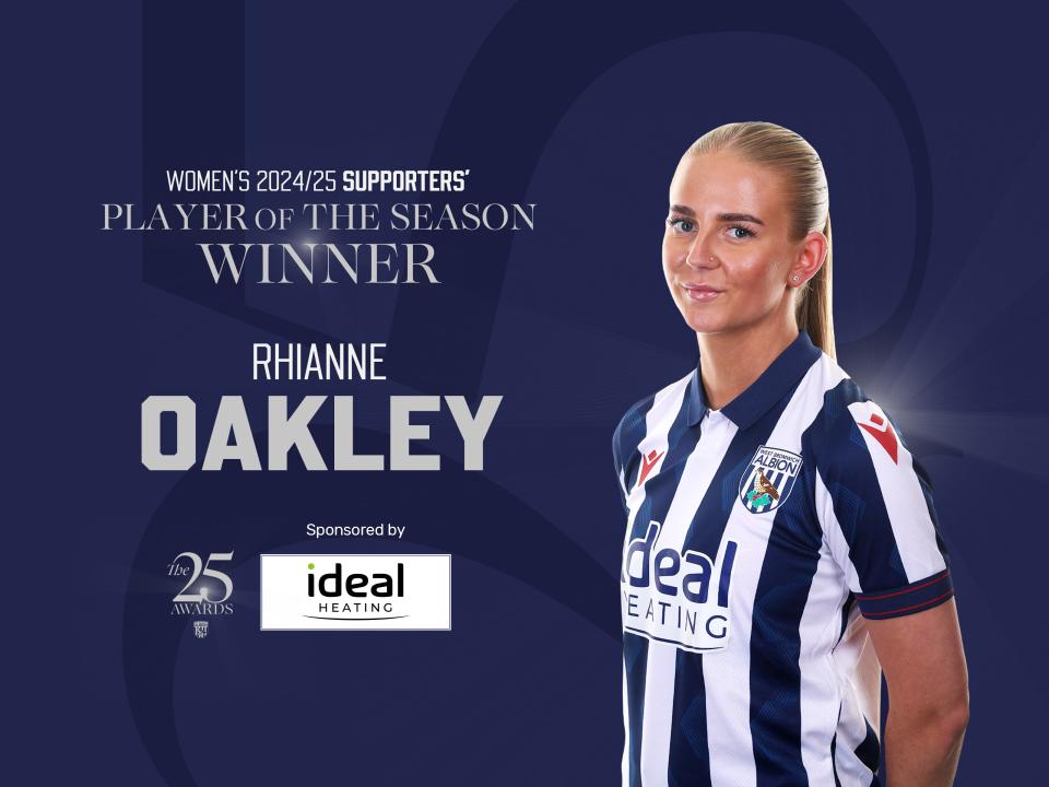 Women's 2024/25 Supporters' Player of the Season graphic with an image of Rhianne Oakley smiling at the camera in the home kit 