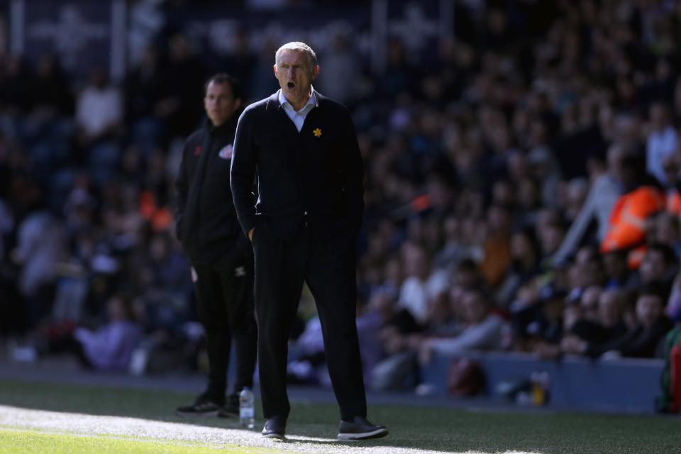 Tony Mowbray on the side of the pitch during the game against Sunderland