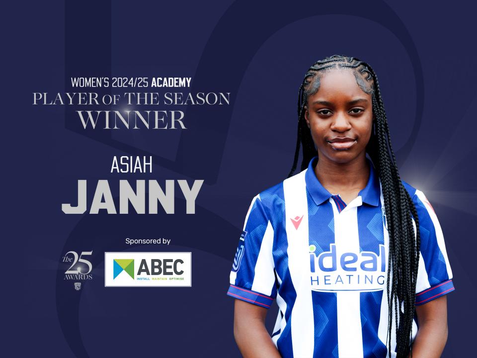 Women's 2024/25 Academy Player of the Season with an image of Asiah Janny smiling at the camera in the home kit