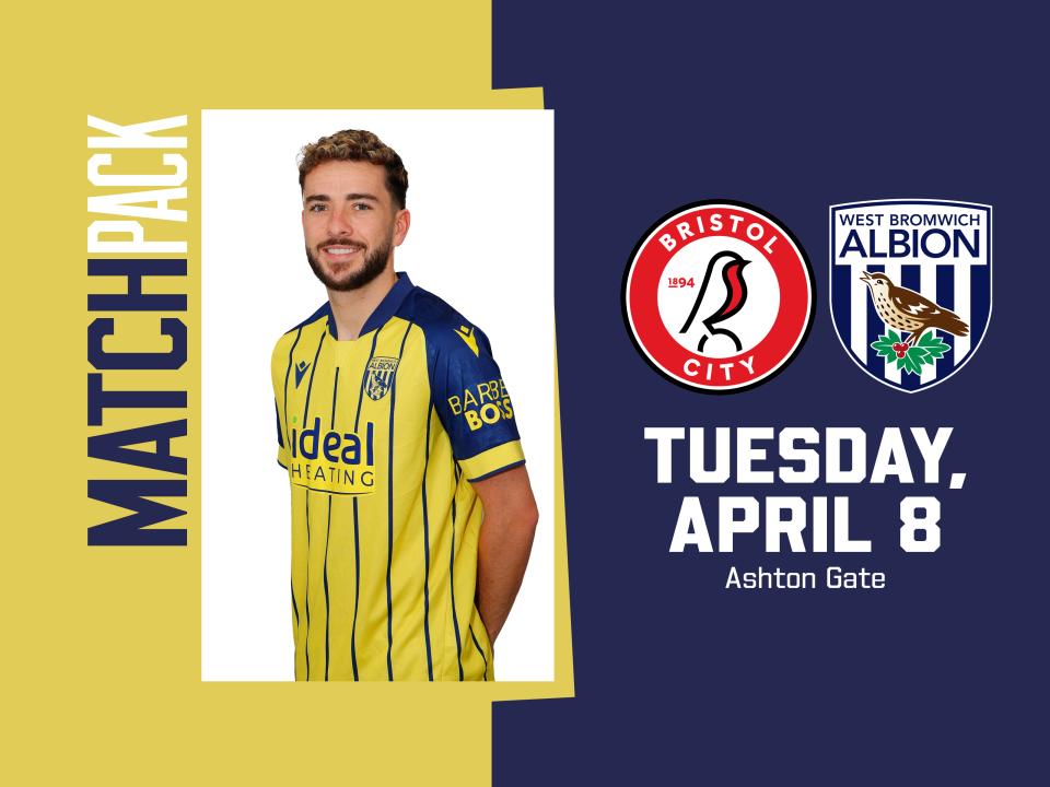 yellow and blue match pack graphic for Bristol City away with both club badges on and an image of Mikey Johnston in the yellow and blue away kit smiling at the camera 