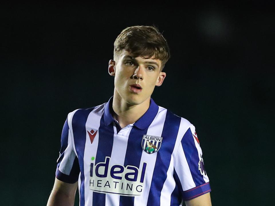 A photo of Albion U18 midfielder Matt Crowther in the 2024/25 home kit