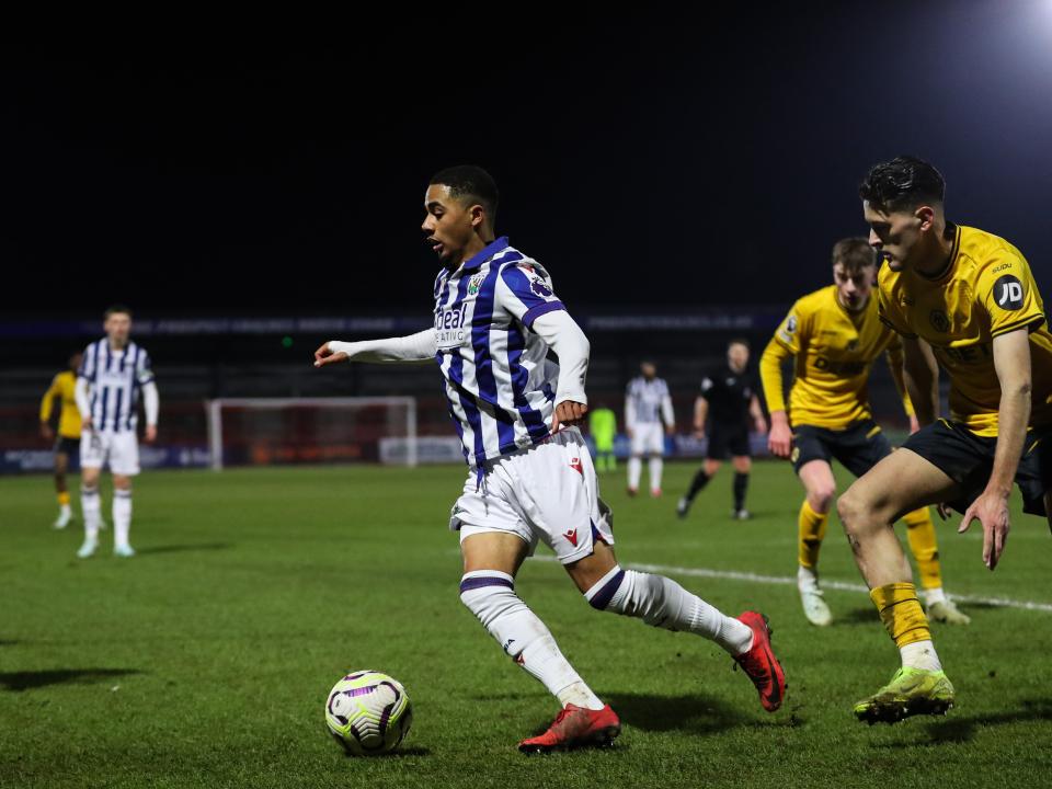 A photo of Albion U21 defender Deago Nelson in the 2024/25 home kit