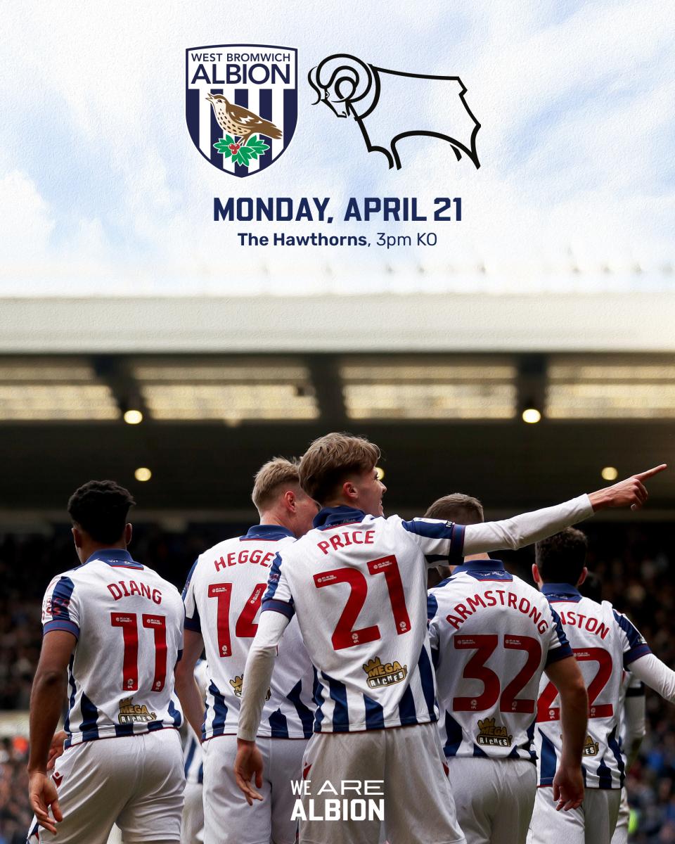 A matchday graphic for Albion's game against Derby County, featuring Isaac Price and his teammates