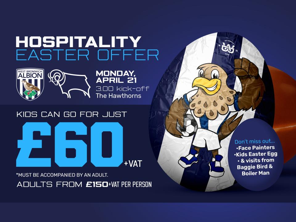 A graphic displaying a hospitality offer of £60 plus VAT for kids when Albion play Derby