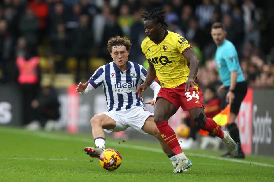 Callum Styles in action for Albion in the home kit against Watford in December 2024
