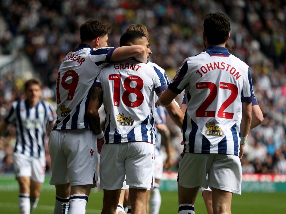 An image of Karlan Grant celebrating his goal with his teammates against Watford
