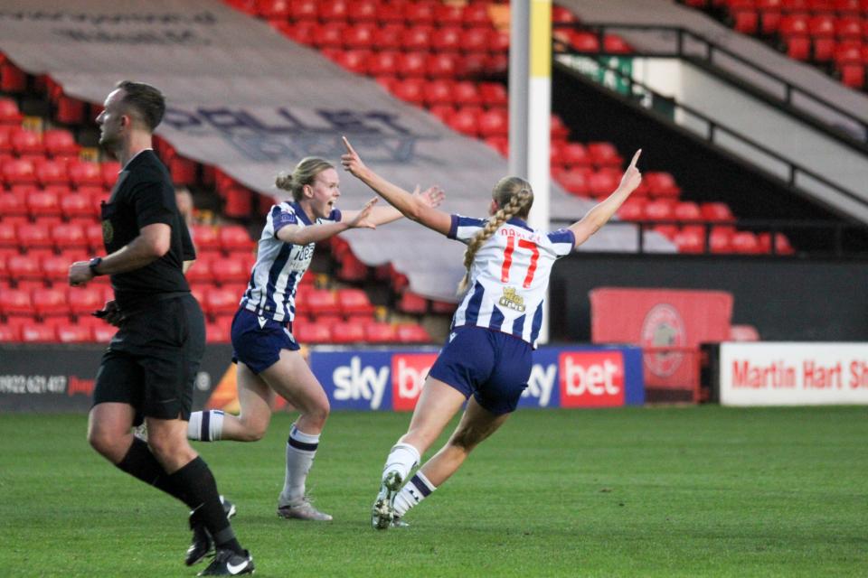 Rhianne Oakley celebrates scoring against Rugby Borough in the home kit at Walsall