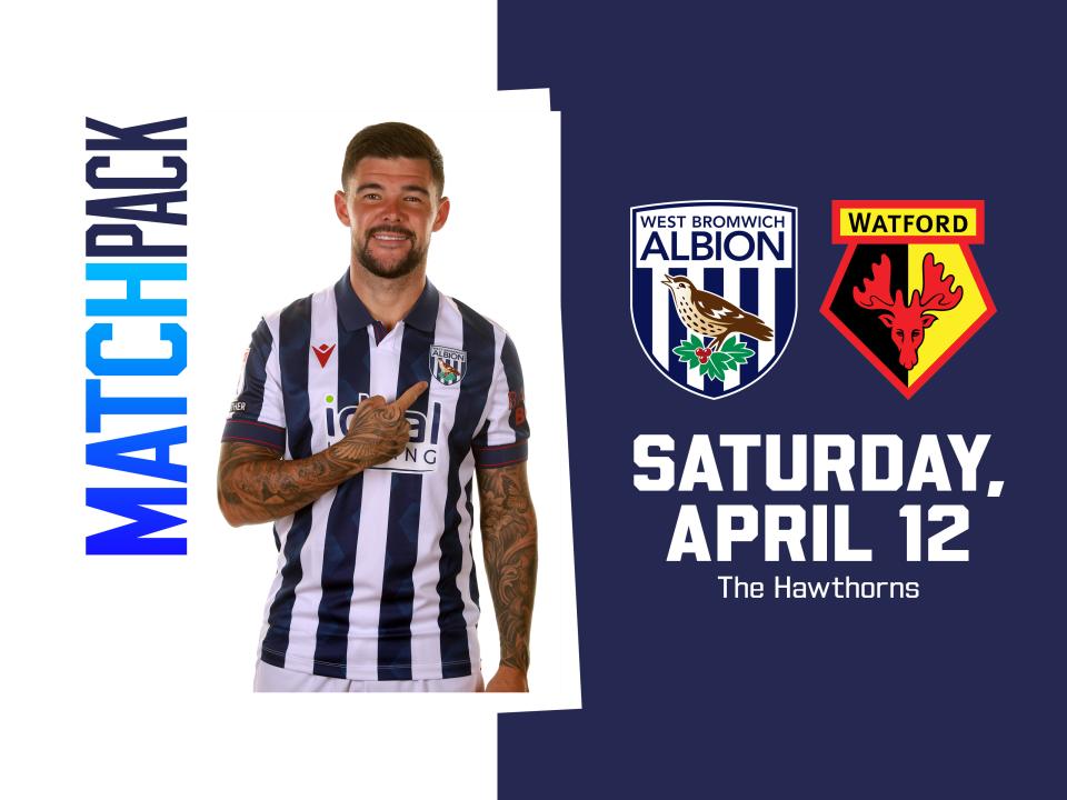 Home colours match pack graphic for Albion v Watford with both club badges on and a picture of Alex Mowatt posing for a photo while smiling at the camera and pointing to the badge in the home kit 