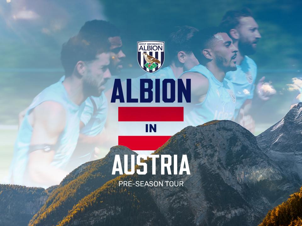 Albion in Austria graphic with a training image in the background mixed in with an image of Austrian Alps