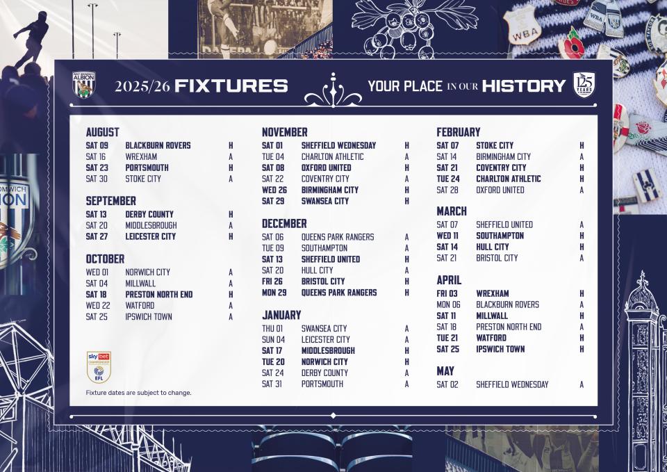 Albion's full fixtures for 25/26 in a graphic 