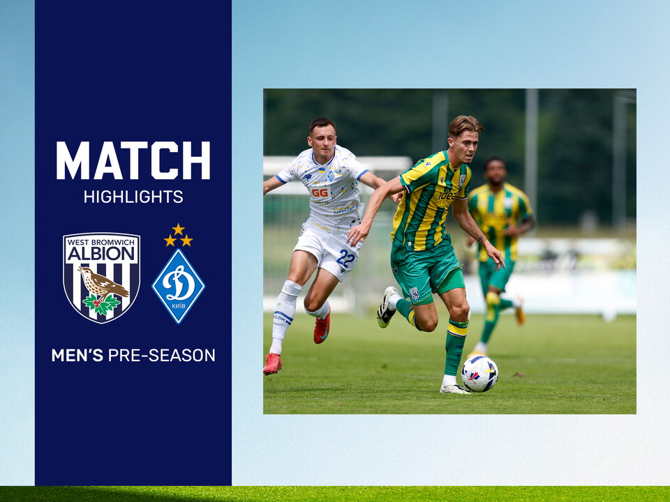 A match highlights graphic from a 2-25/26 pre-season friendly between Albion and Dynamo Kyiv, showing a photo of Isaac Price in the yellow and green away kit