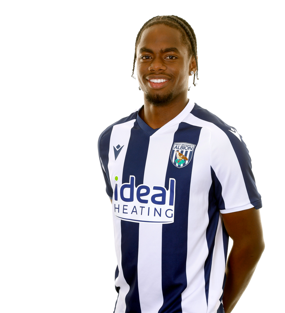 A photo of Albion U21 attacker Akeel Higgins in the 2025/26 home kit