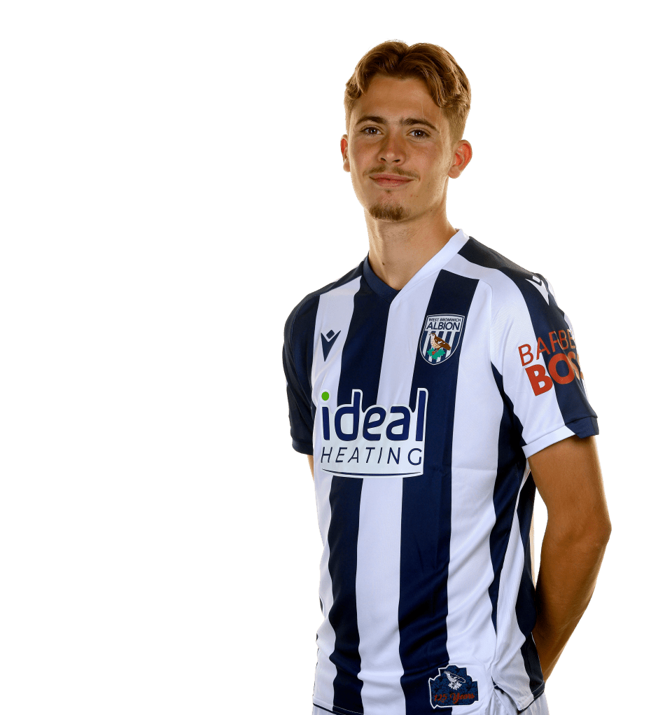 A photo of Albion midfielder Isaac Price in the 2025/26 home kit