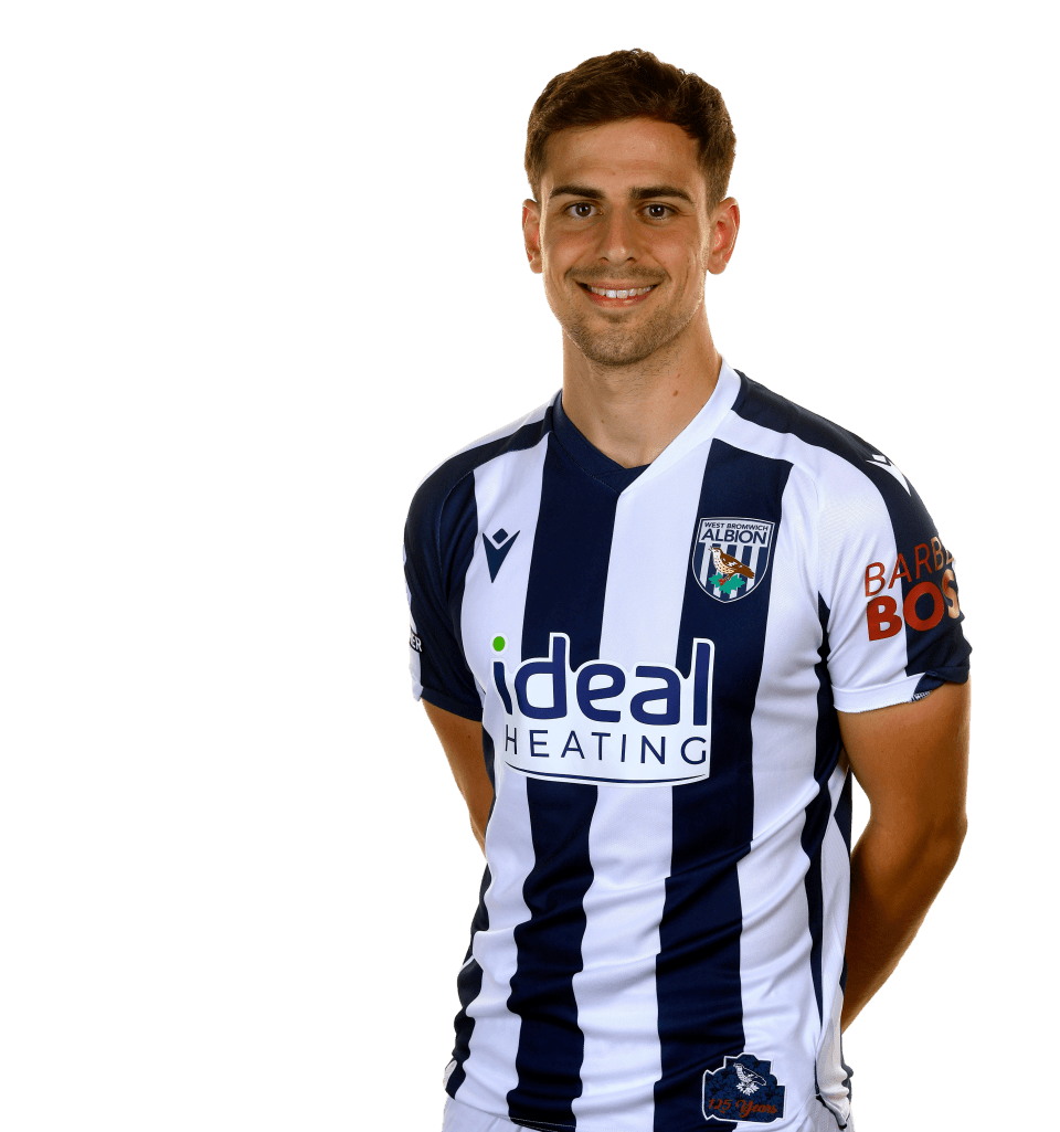 A photo of Albion midfielder Jayson Molumby in the 2025/26 home kit