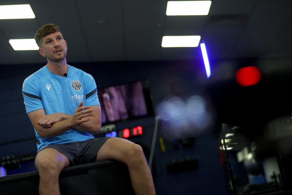 Chris Mepham is interviewed by WBA TV while sat in the gym