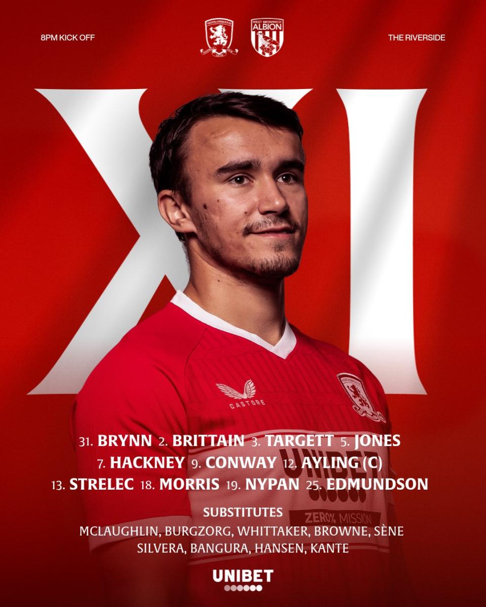 A graphic displaying Middlesbrough's starting XI against Albion