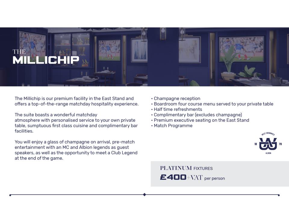 A graphic displaying platinum hospitality details for The Millichip Suite