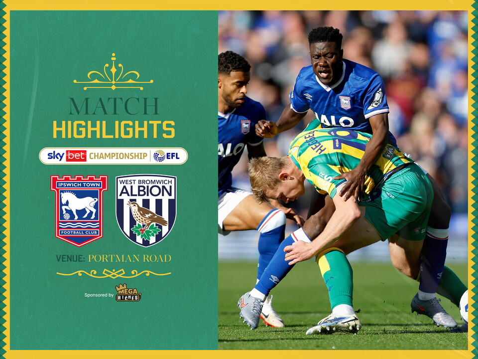 A green and yellow match highlights graphic, showing the badges of Albion, Ipswich and a photo of Aune Heggebo