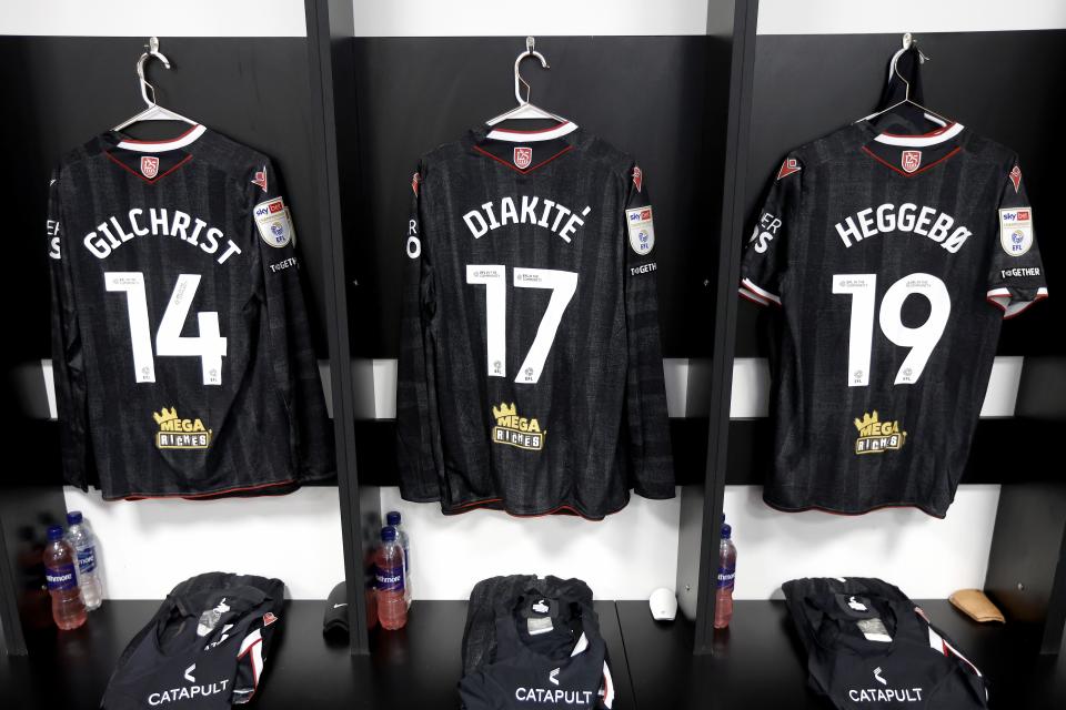 A photo of our away kit with Gilchrist, Diakité and Heggebo's shirts.