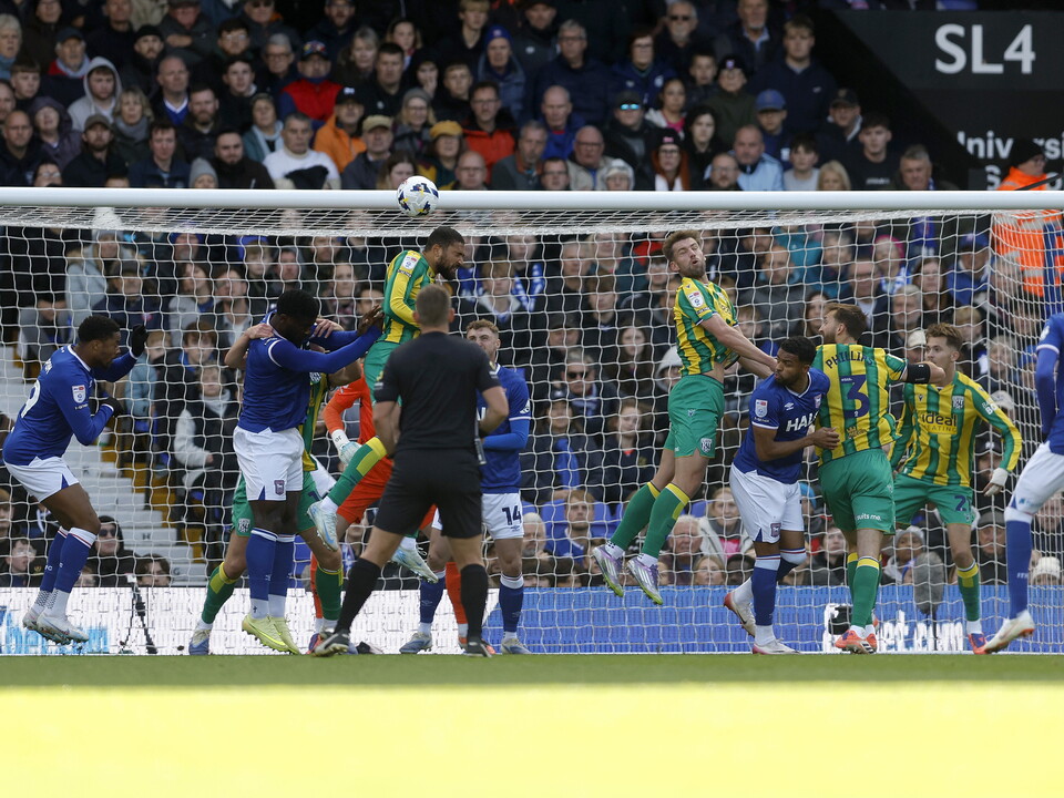 An image of Albion defending a corner at Ipswich