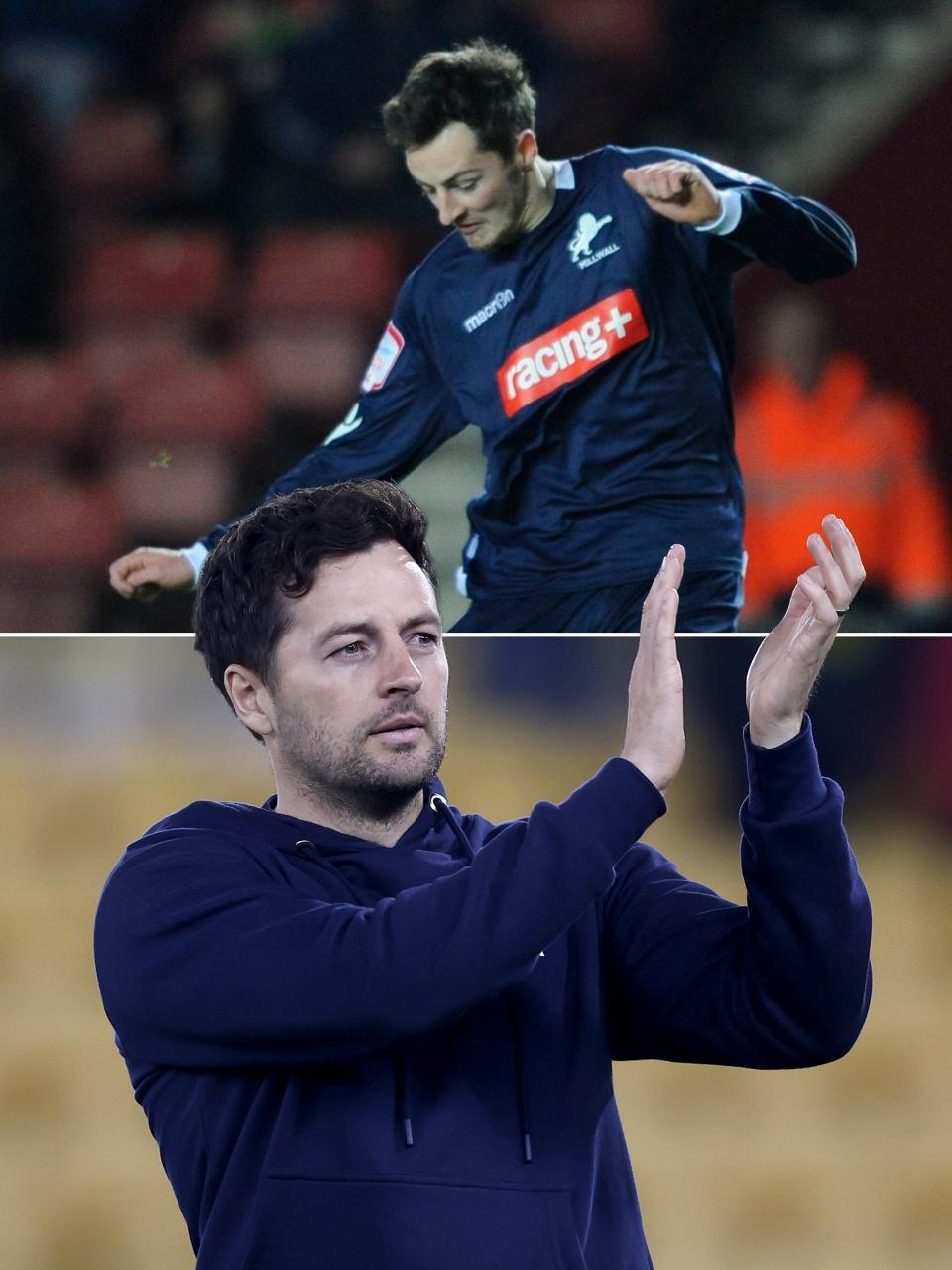 A graphic of Ryan Mason playing for Millwall and managing West Bromwich Albion. 