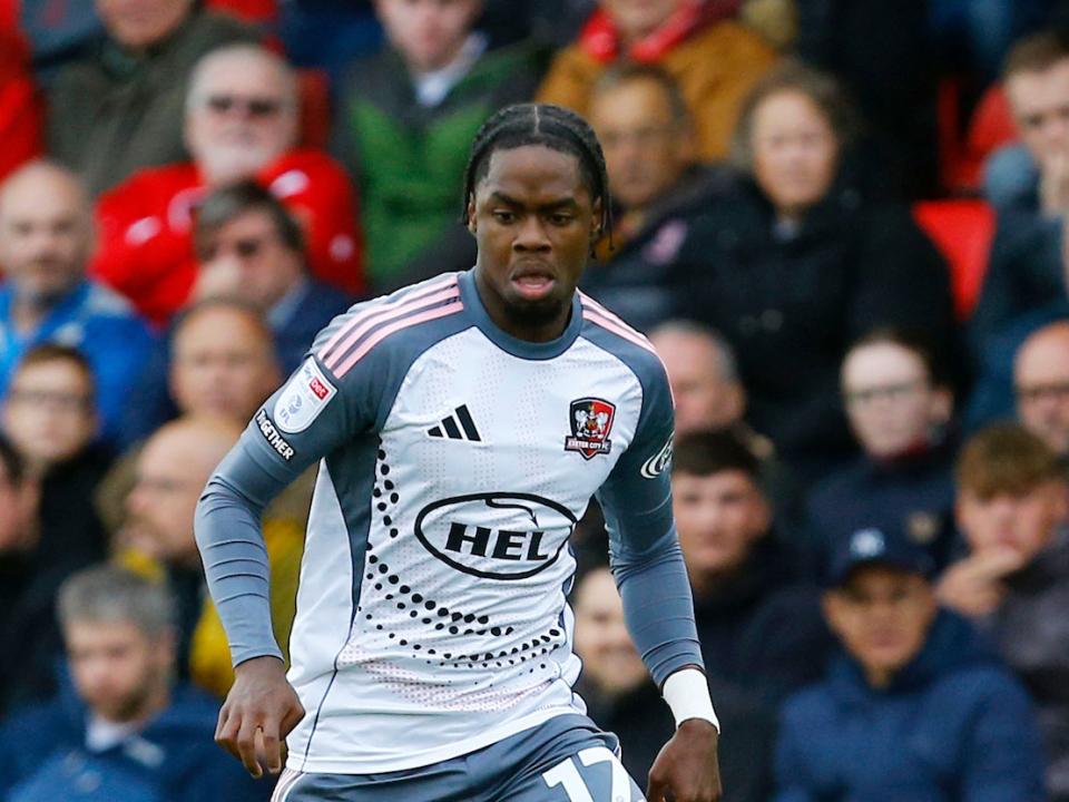 A photo of Albion youngster Akeel Higgins in action for loan club Exeter City