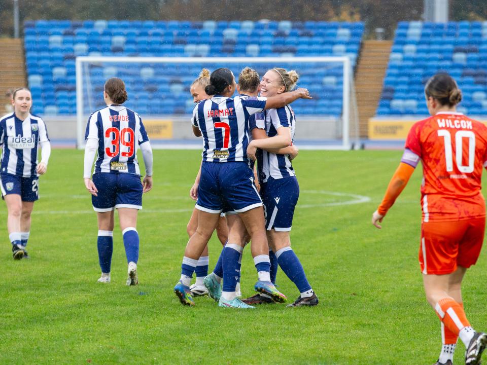 An image of Albion Women celebrating a goal against Boldmere