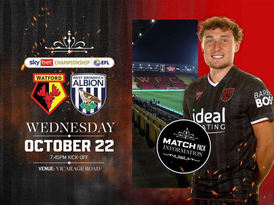 Away match pack graphic in black colours for Watford game with both club badges on, an image of Vicarage Road and Callum Styles in the black kit smiling at the camera  