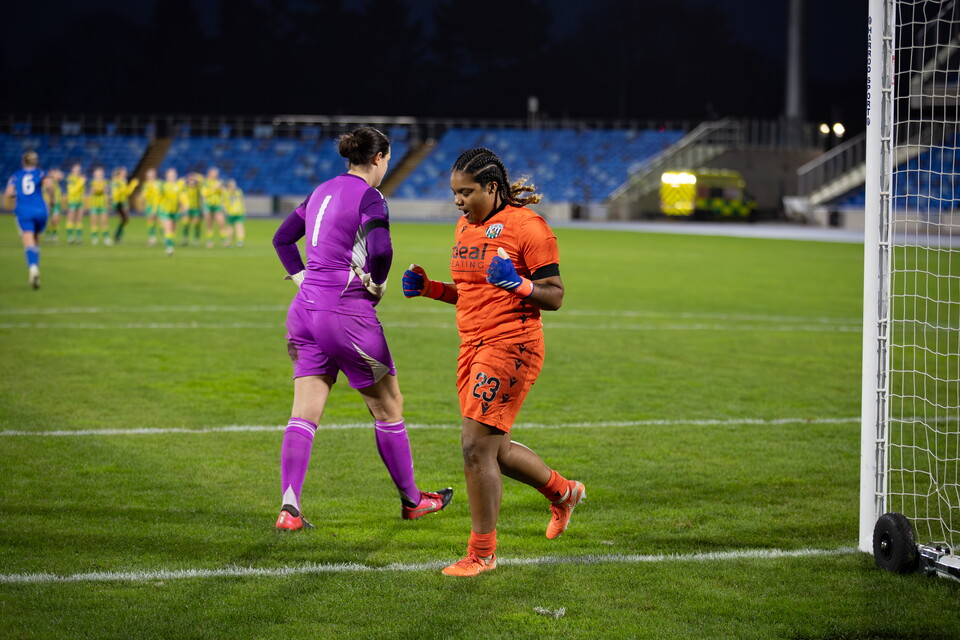 Lavarna Johnson celebrates saving a penalty against Leeds United.