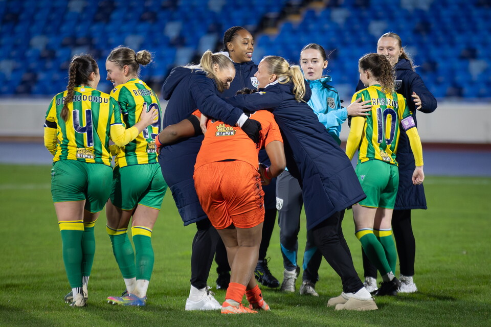 Several Albion Women players congratulate Lavarna Johnson after her penalty saves against Leeds