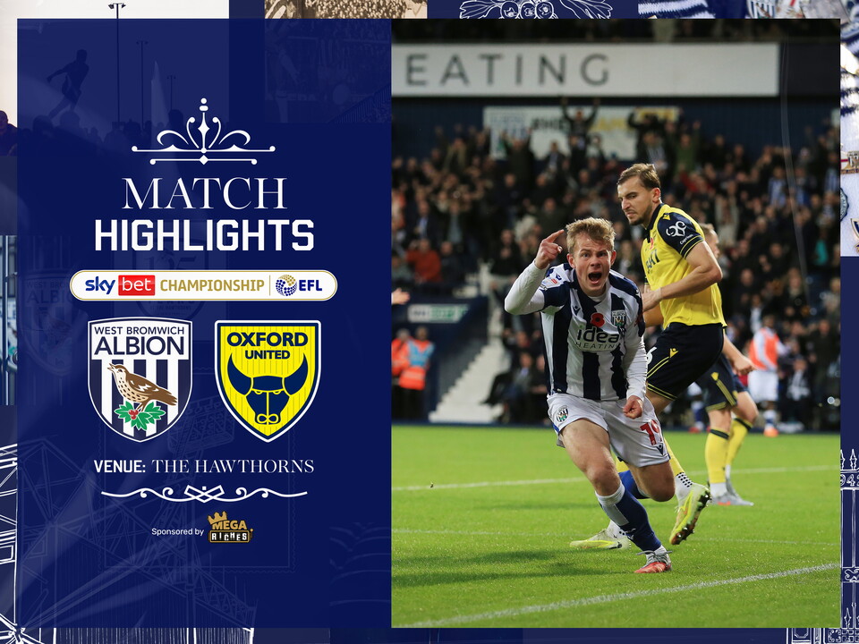 A photo of a match highlights graphic, showing the badges of Albion and Oxford, and a photo of Aune Heggebo
