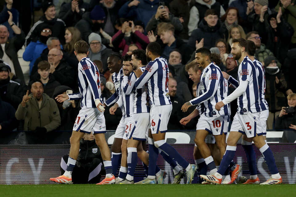 Several Albion players celebrate Alex Mowatt's goal v Blues together in the home kit
