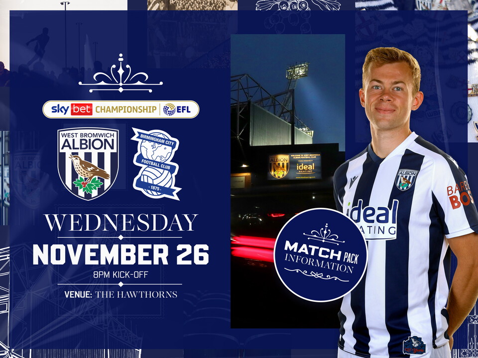 Home match pack graphic for Birmingham match with both club badges, an image of Aune Heggebø smiling at the camera in the home kit and an image of the outside of The Hawthorns on 