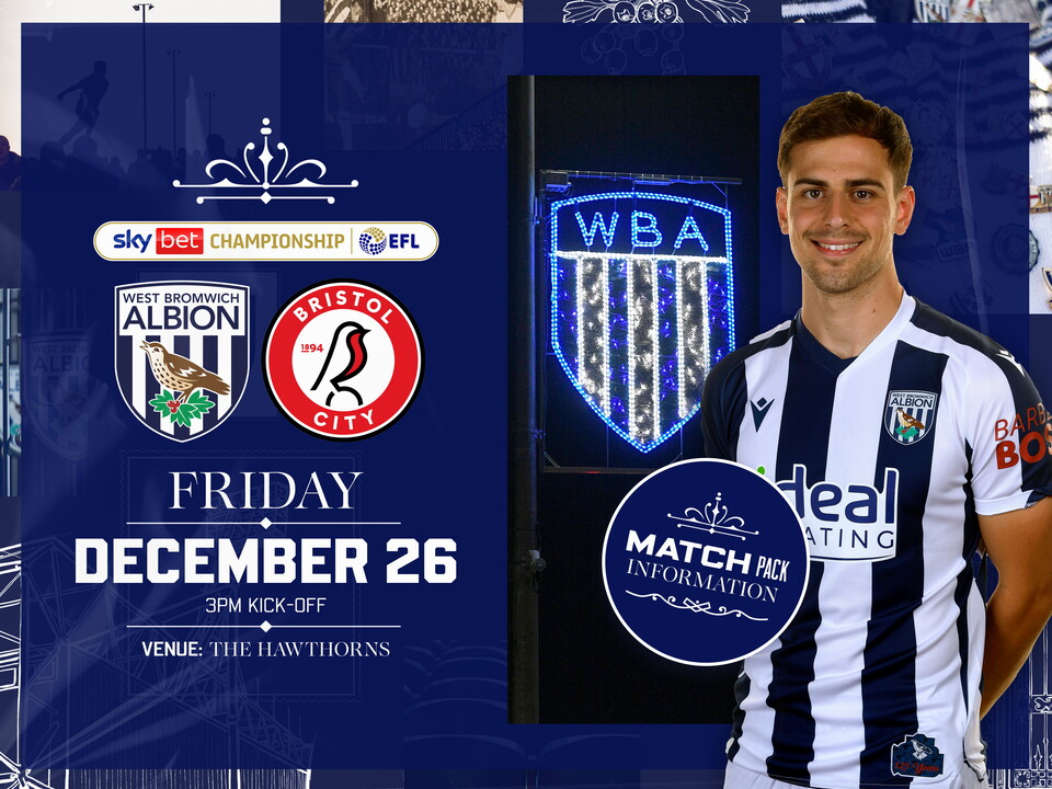 Home match pack graphic for Bristol City with both club badges on, an image of a WBA badge light and an image of Jayson Molumby in the home kit smiling and looking at the camera 