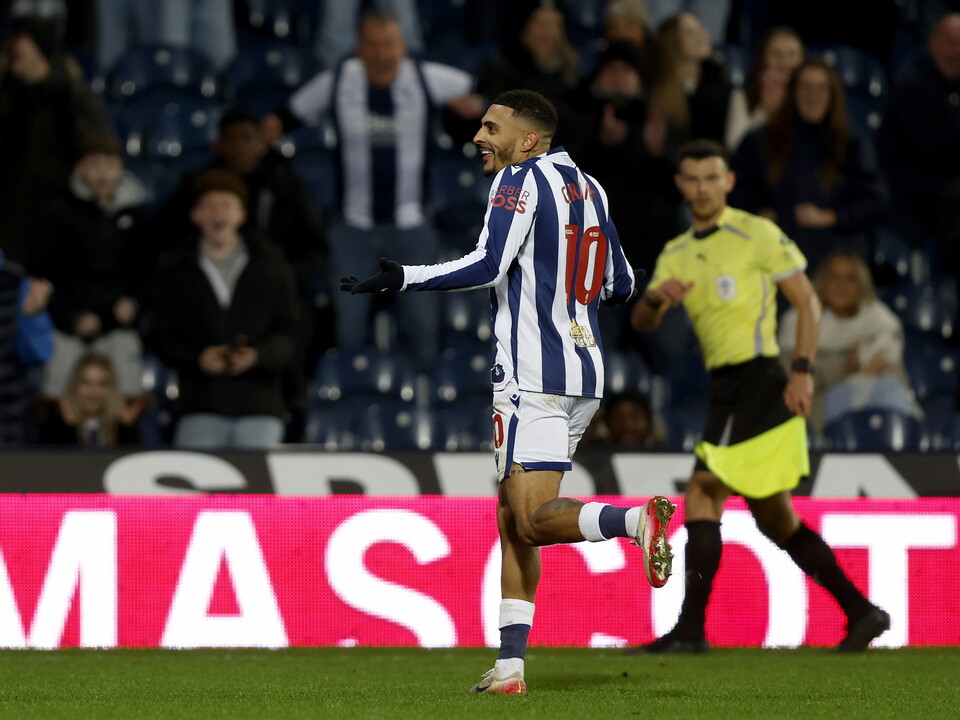 An image of Karlan Grant celebrating his goal against Sheffield United
