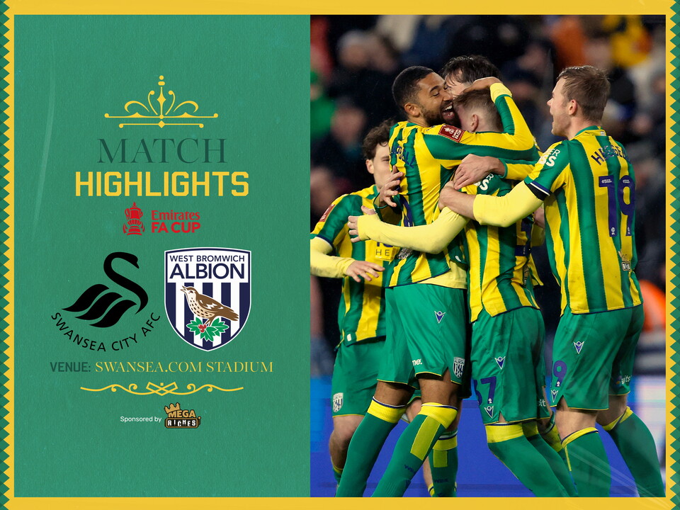 A highlights graphic, in the green and yellow 2025/26 away colours, showing the badges of Swansea, Albion, and a match photo of players celebrating