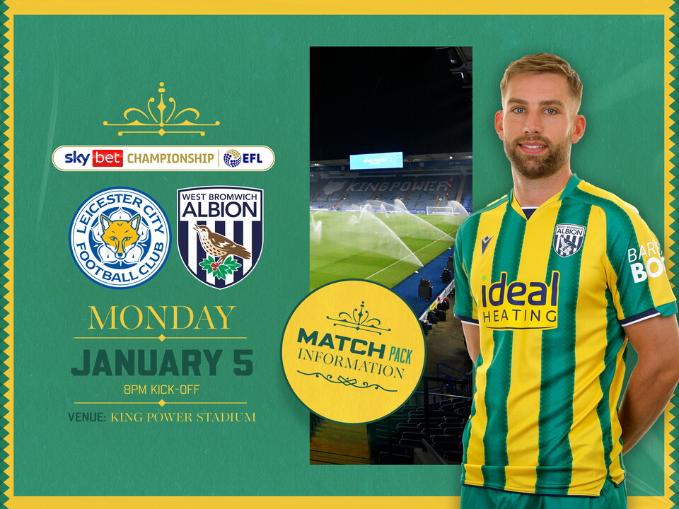 Away match pack graphic in green and yellow colours for Leicester game with both club badges on, an image of King Power Stadium and Charlie Taylor in the green and yellow kit smiling at the camera  