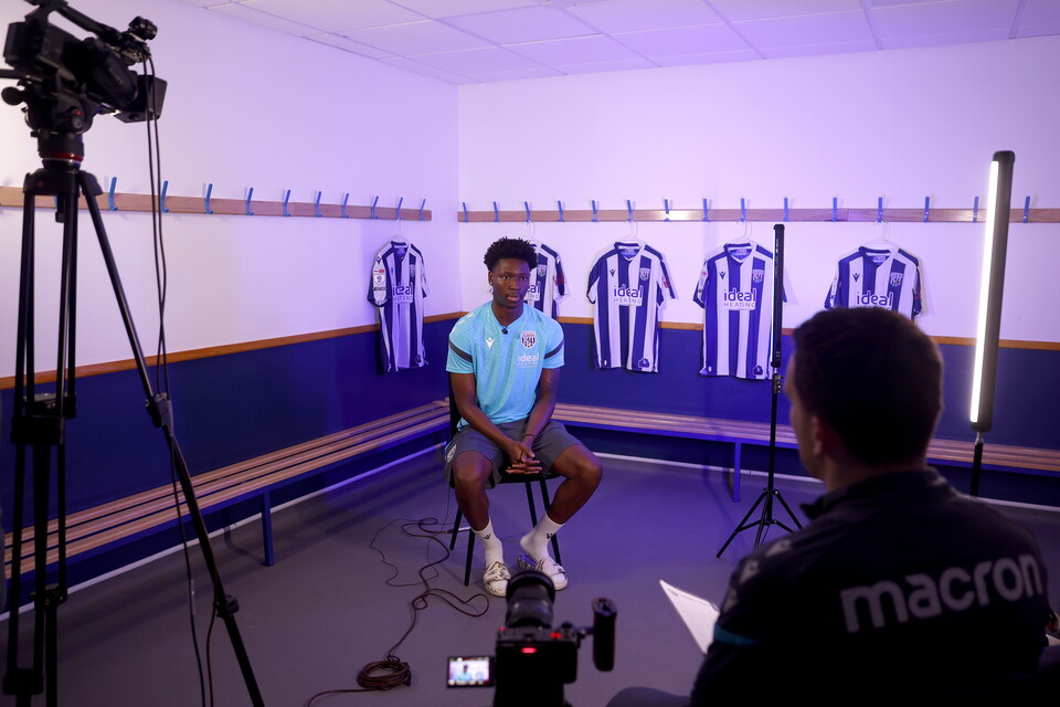 Jamaldeen Jimoh-Aloba is interviewed in a changing room by WBA TV