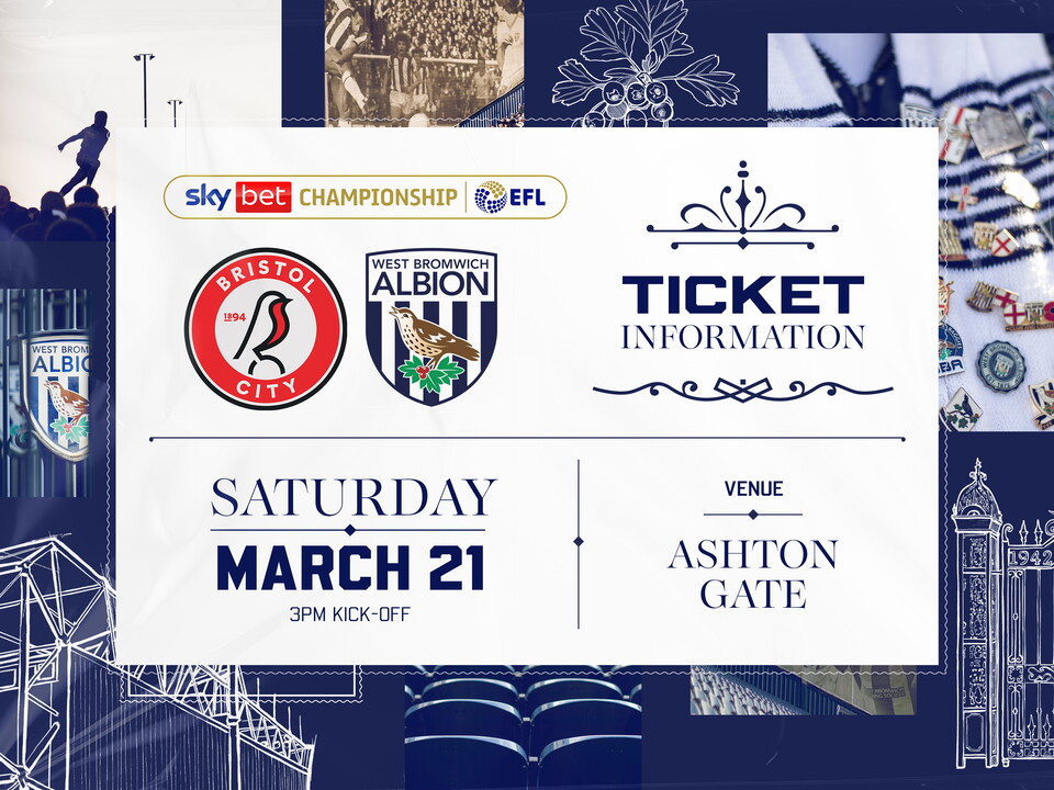 A ticket graphic displaying information for Albion's away game against Bristol City